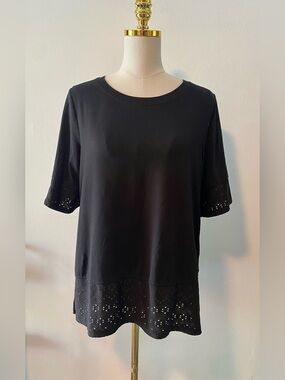 Cuddl Duds Short-sleeve Tee Perforated Lace Along Hem & Sleeve Cuffs Woman's M